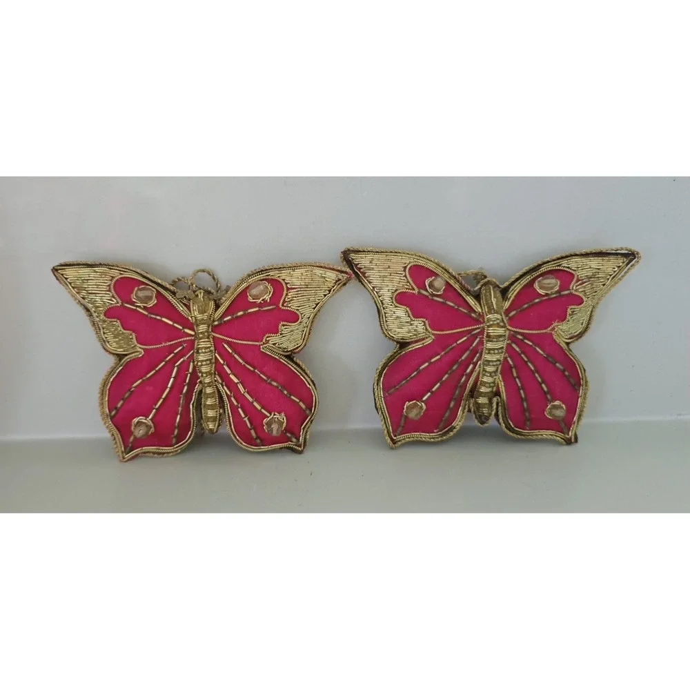 Vtg Butterfly Christmas Ornaments Decorative Pink‎ Gold Thread Beaded Set Of 2